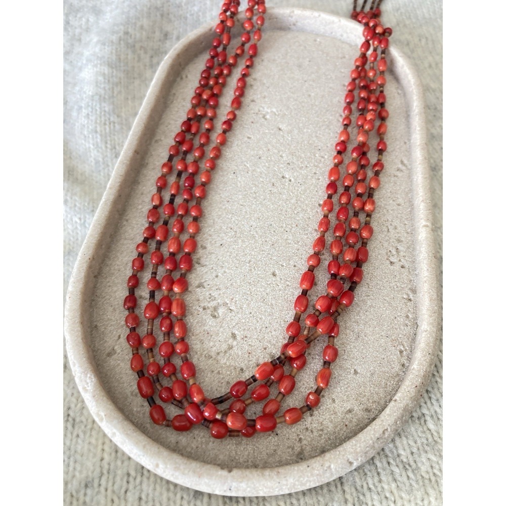 Vintage Red Multi Strand Beaded Necklace Brown Seed Beads Layered Boho Earthy